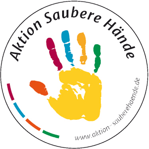 Logo gelbe Hand mit bunten Fingern, Aktion saubere Hände im Institut für Mikrobiologie der Uniklinik Rostock